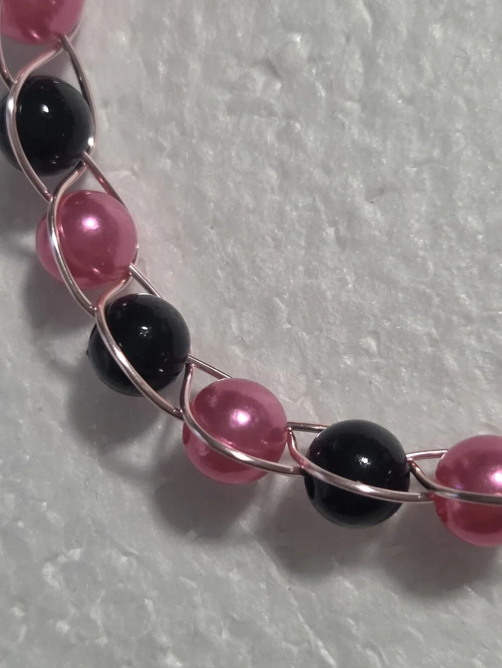 Handcrafted Pink and Black Faux Pearl Wire Bracelet